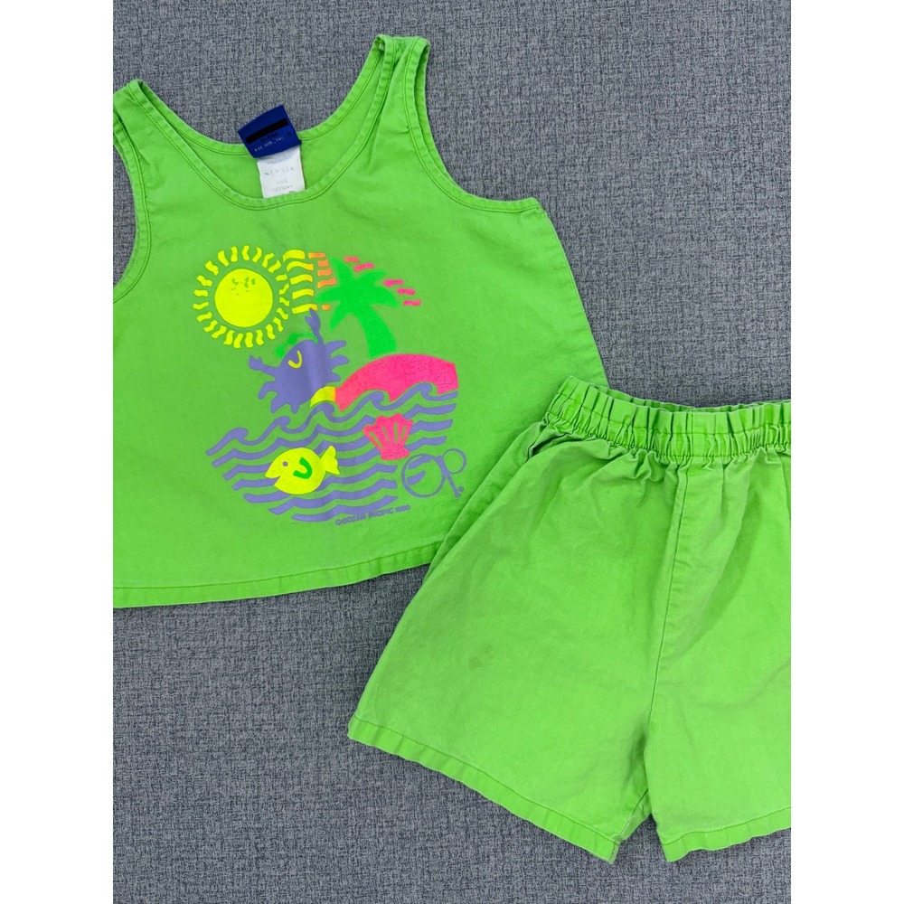 Vintage 80s Ocean Pacific Kids Lime Green Tank and Shorts Set Size 4 Made in USA